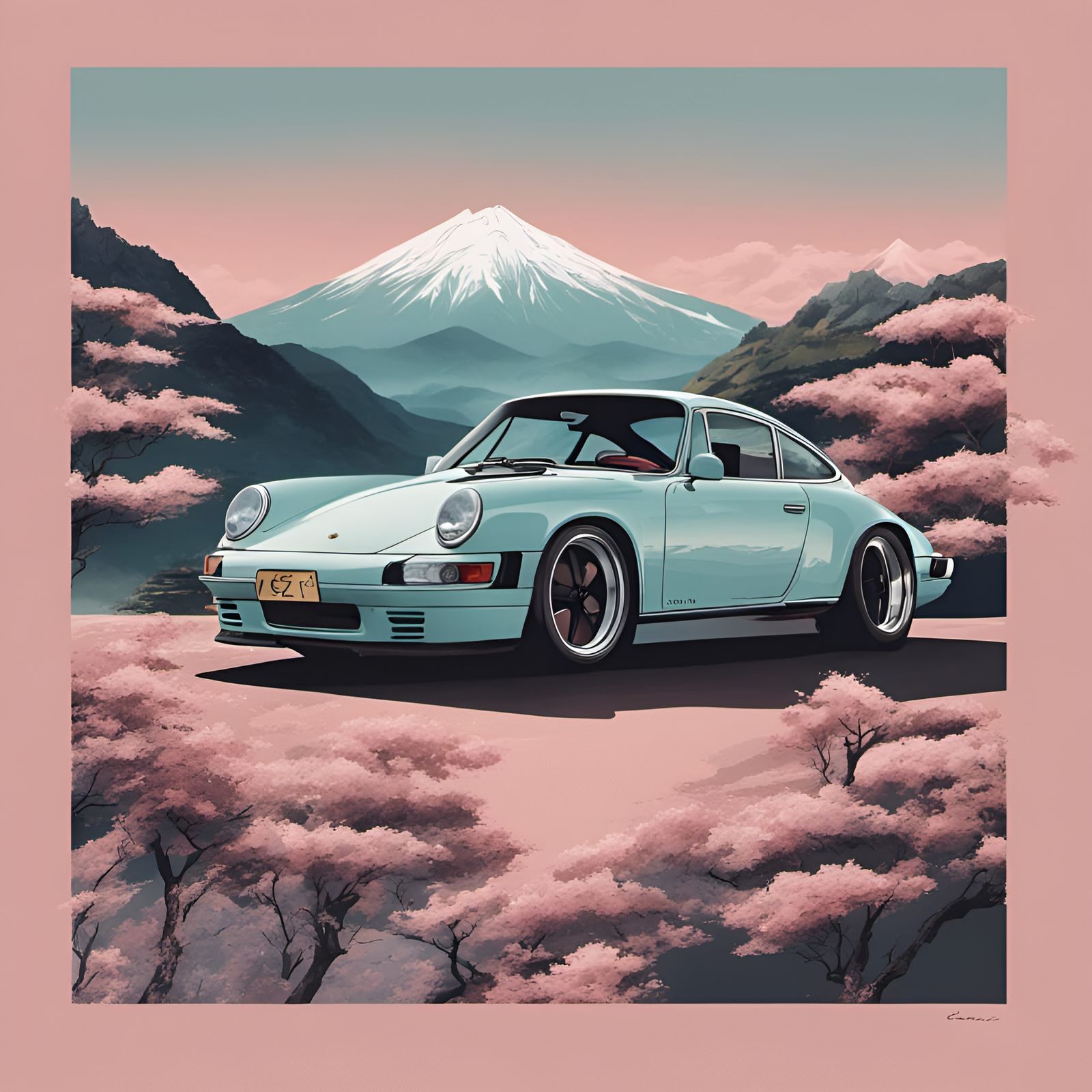 Porsche 911 Japanese Landscape Poster Art