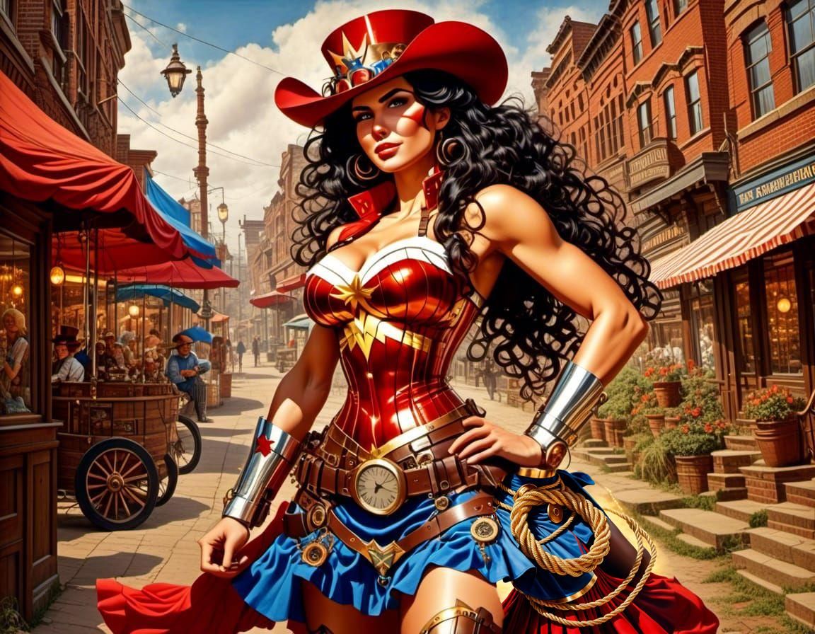 Steampunk Wonder Woman in Athens, Oil Painting