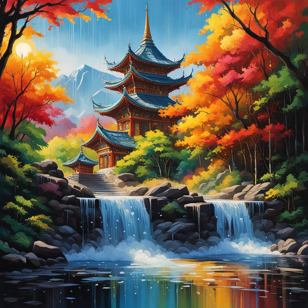 Ancient Temple in Gouache Style with Glass Raindrops