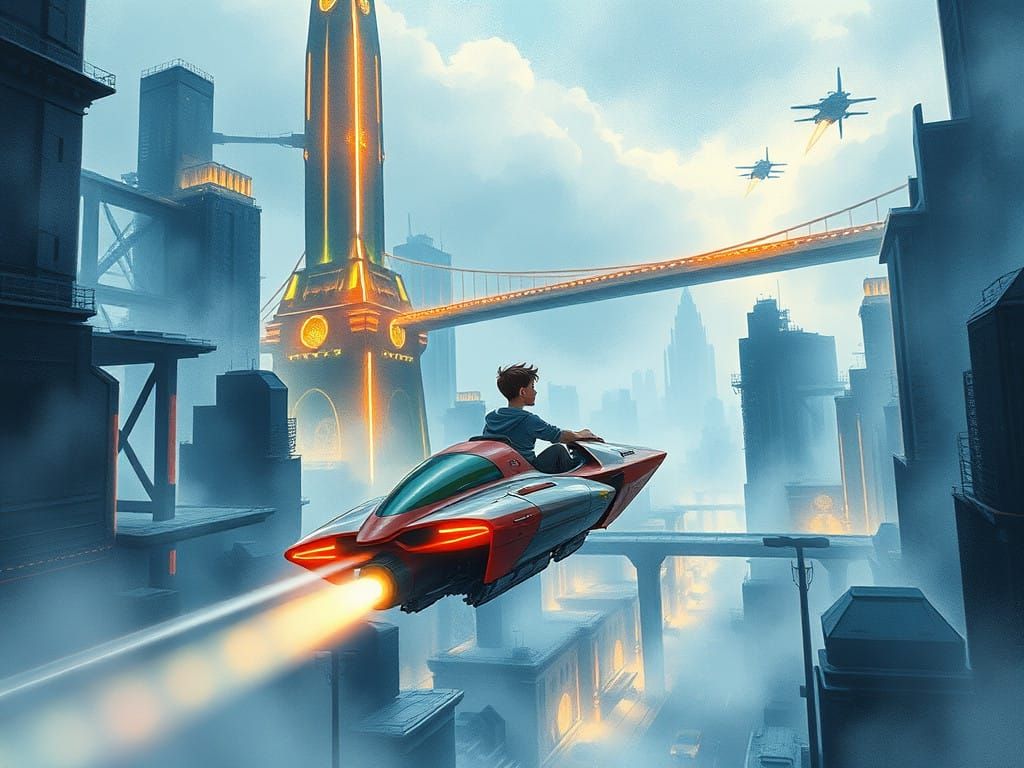 Mystical Cityscape at Dusk in Cyberpunk Illustration Style