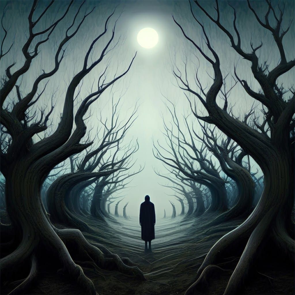 Contemplative Figure in Desolate Surreal Landscape