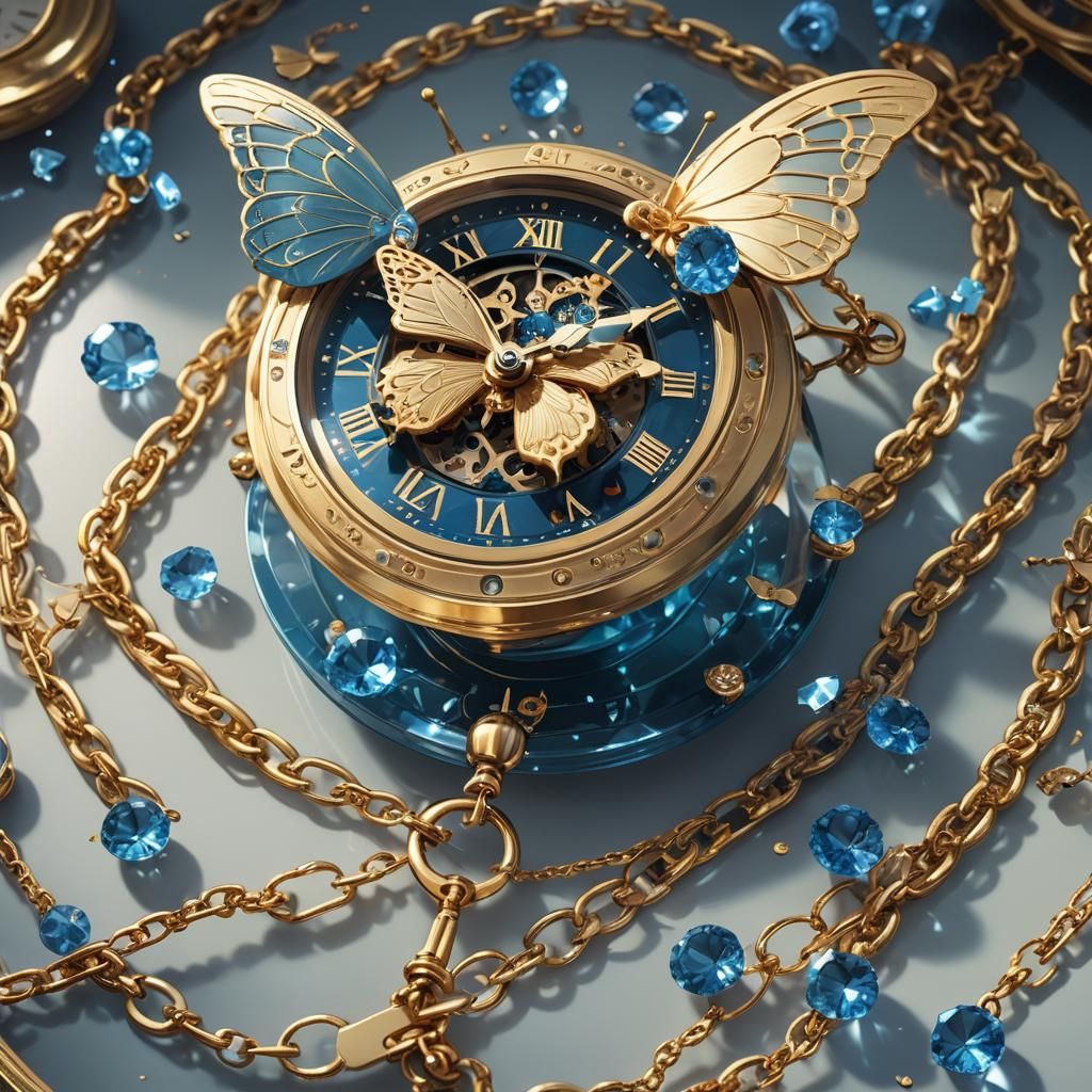 Golden Chain Clock with Crystal Butterfly in Anime Style