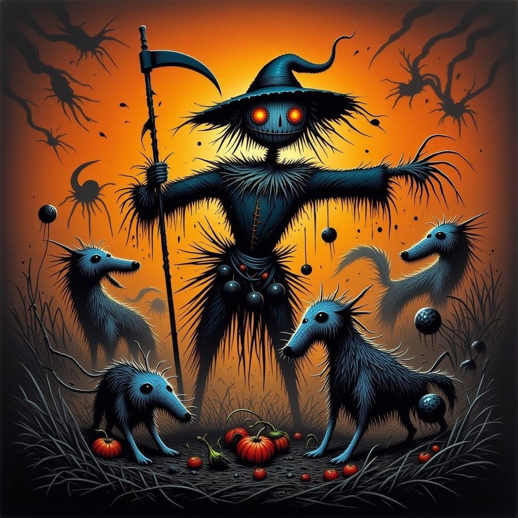 Steampunk Scarecrow with Scythe and Wolfhounds