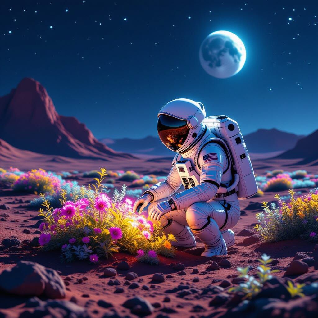 Astronaut Tends Bioluminescent Garden on Mars Under Binary S...