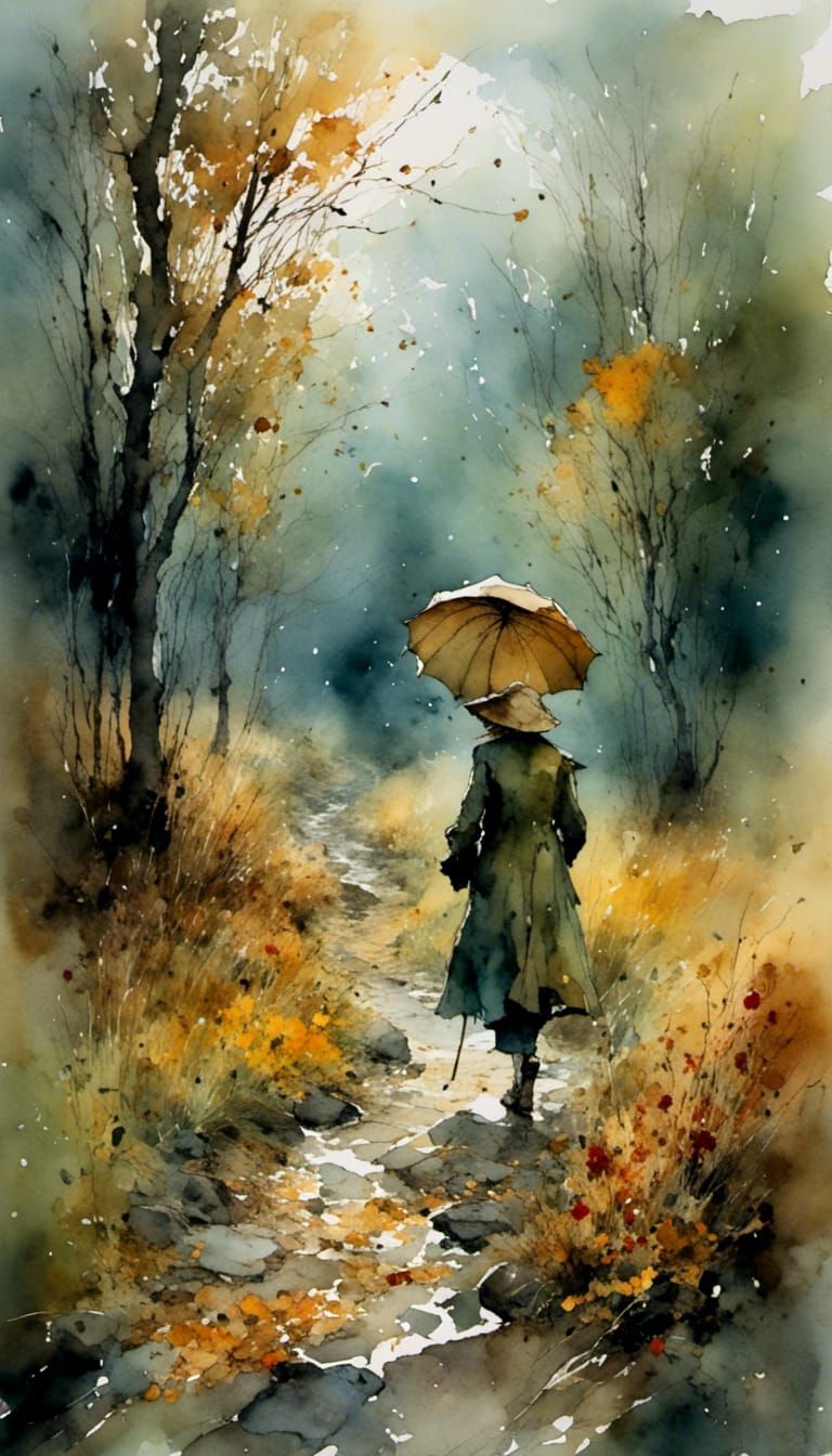 Rainy Autumn Scene with Woman on Stone Path