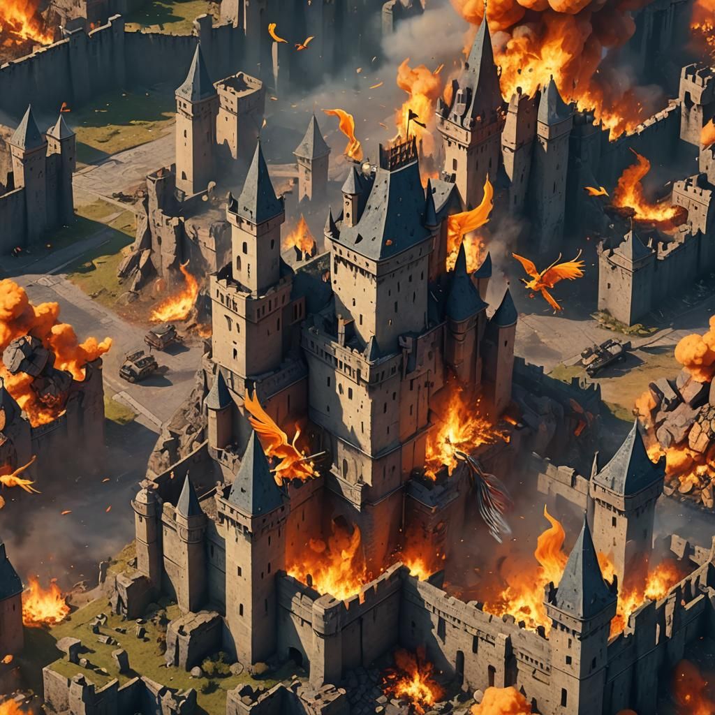 Phoenix Attack on Castle in 3D Digital Art