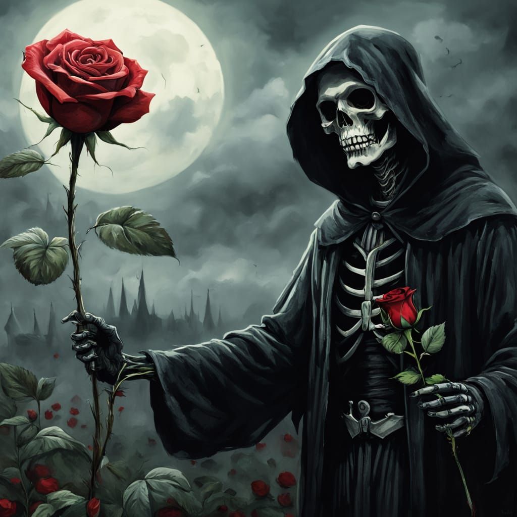 Innocent Child Offers Rose to Grim Reaper