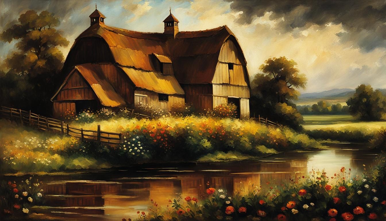 English Countryside Barn in Antique Oil Painting Style