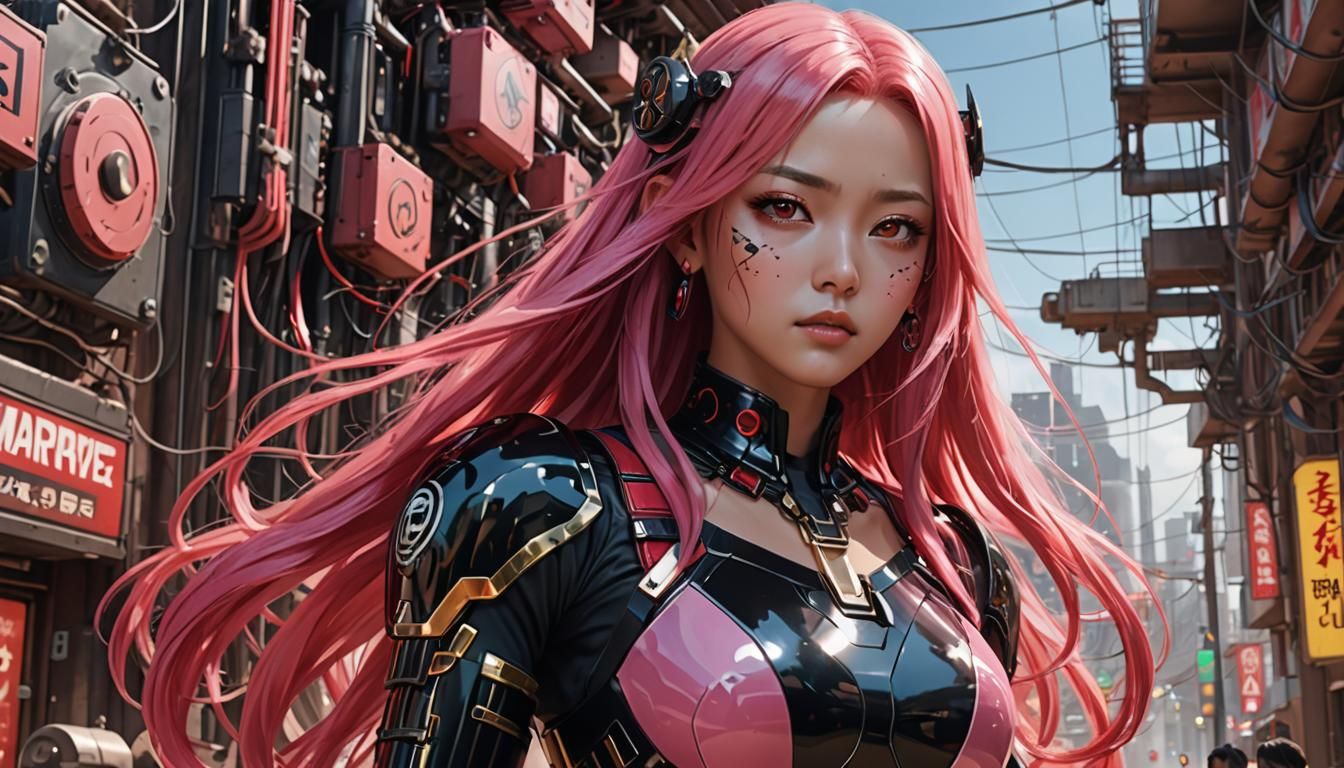 Anime Style Asian Woman in Electric Circuit Landscape