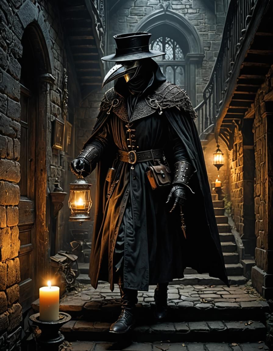 Menacing Plague Doctor in Eerie Medieval Setting