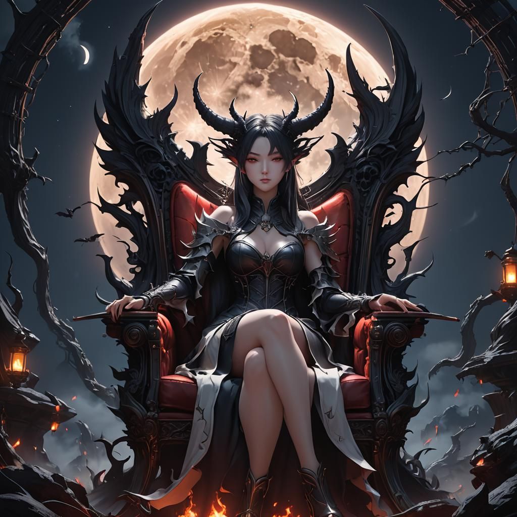 Anime Girl on Demon Chair Under Moon in 3D