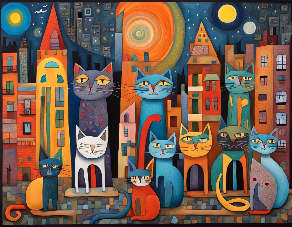 Whimsical Cats in City Night, Vibrant 3D Art