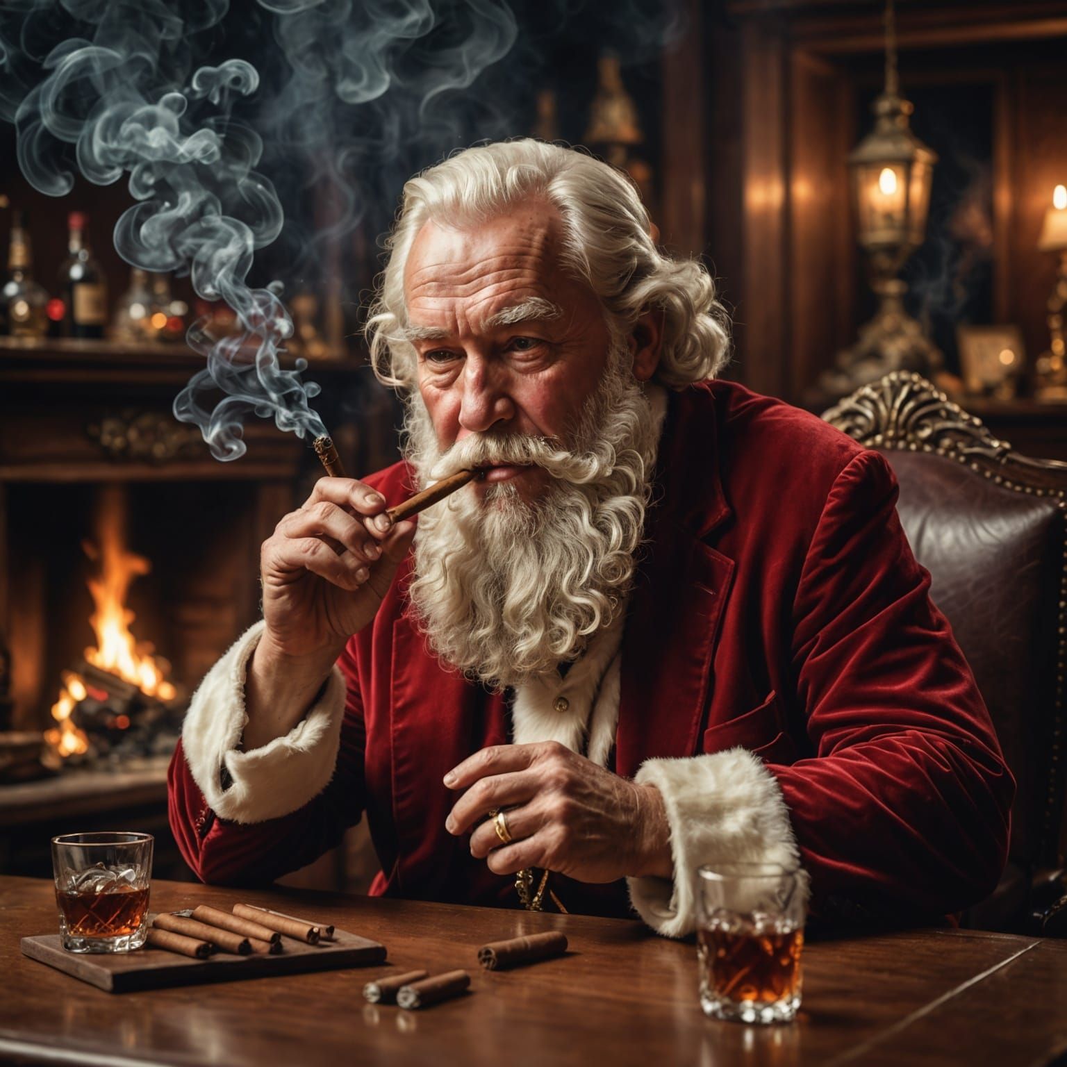 Santa Claus in a Smoky, High Contrast Scene