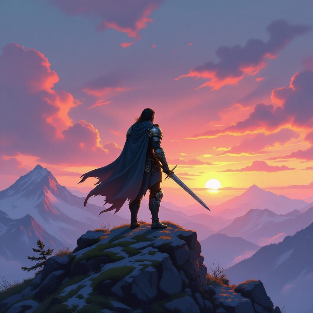 Knight Gazes at Otherworldly Sunset on Mountain Peak