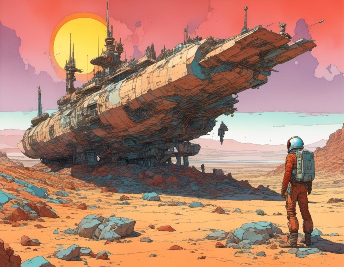 Moebius-Inspired Landing Craft in Surreal Landscape