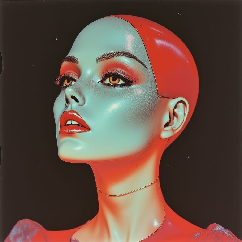 Ethereal Robotic Woman's Face in Retro-Vintage Style