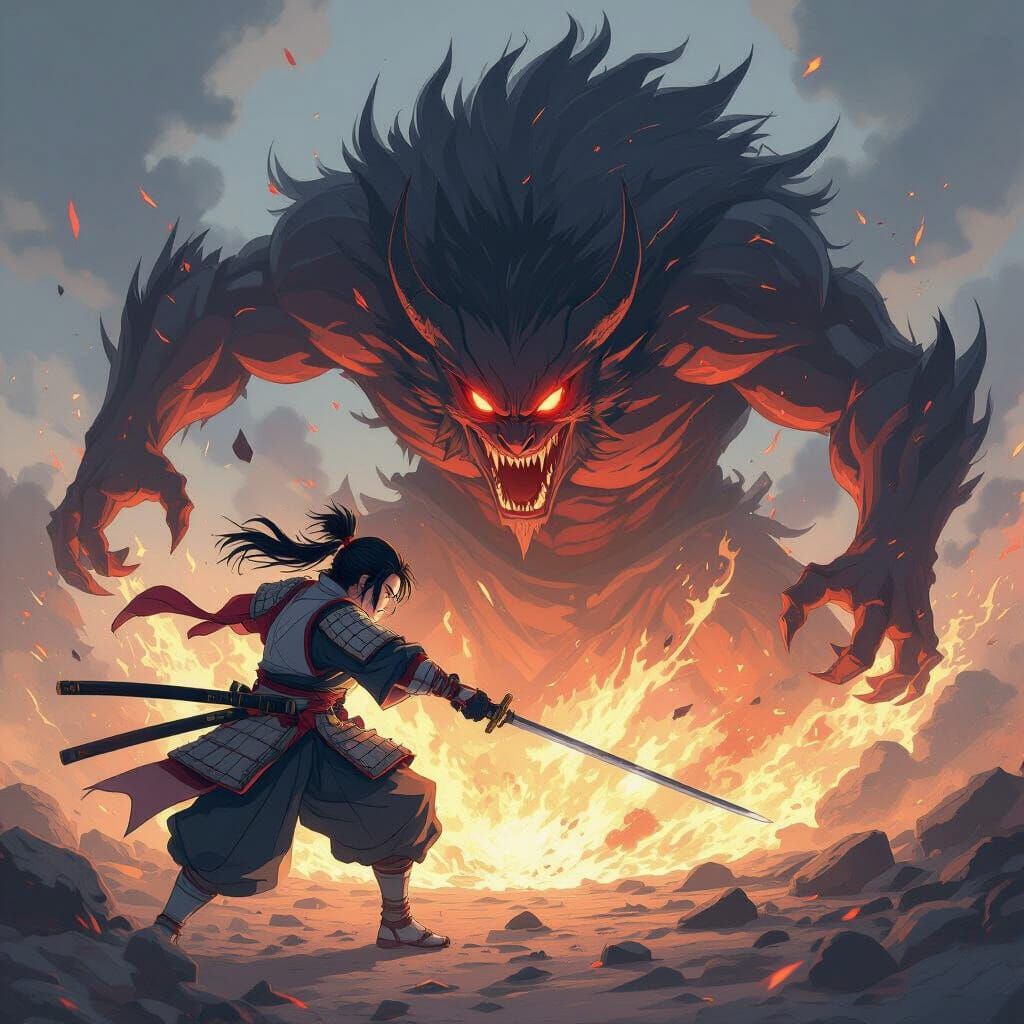 Demon Slayer vs Erupting Demon in Anime Style