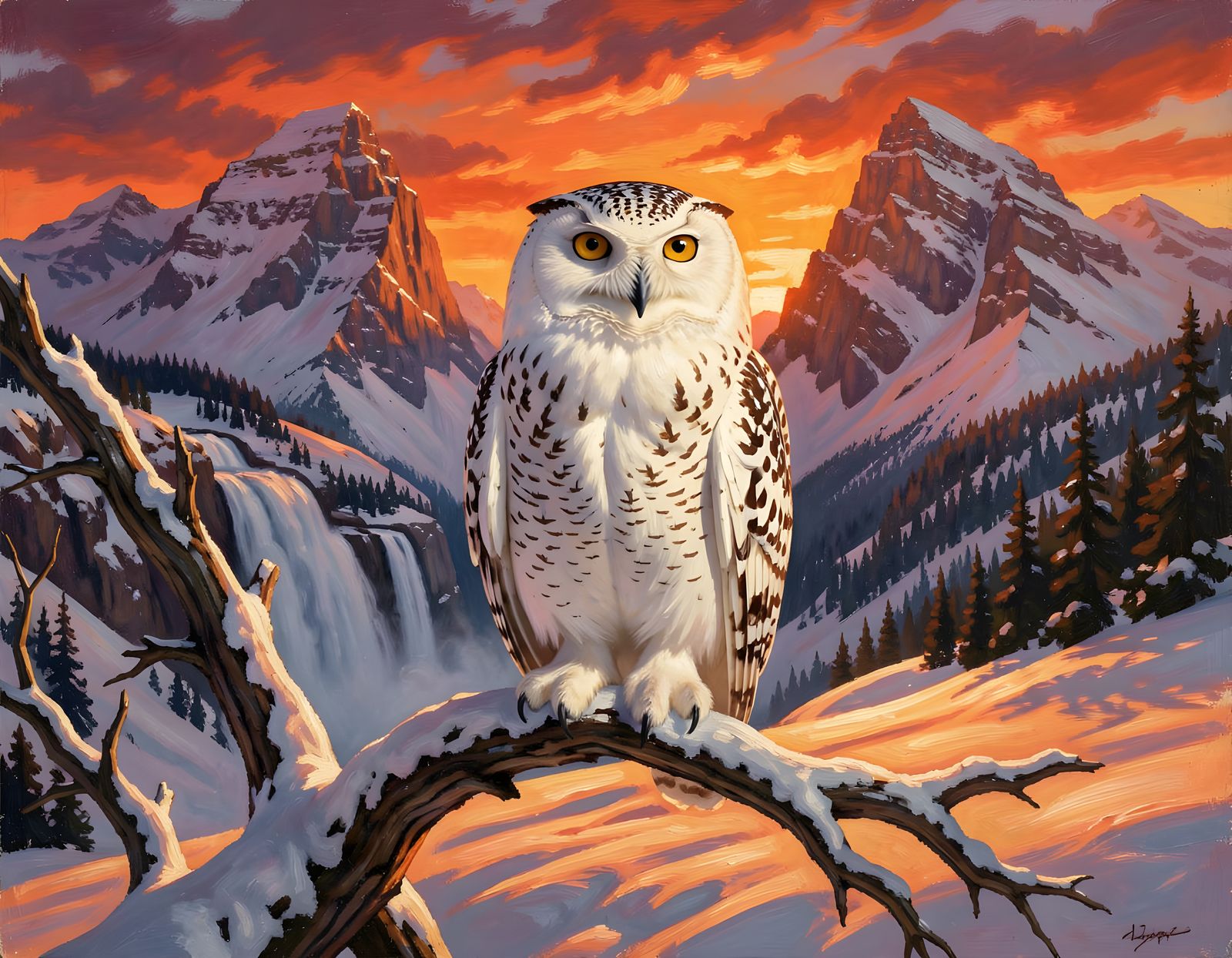 Majestic Snow Owl at Fiery Sunset Winter Landscape