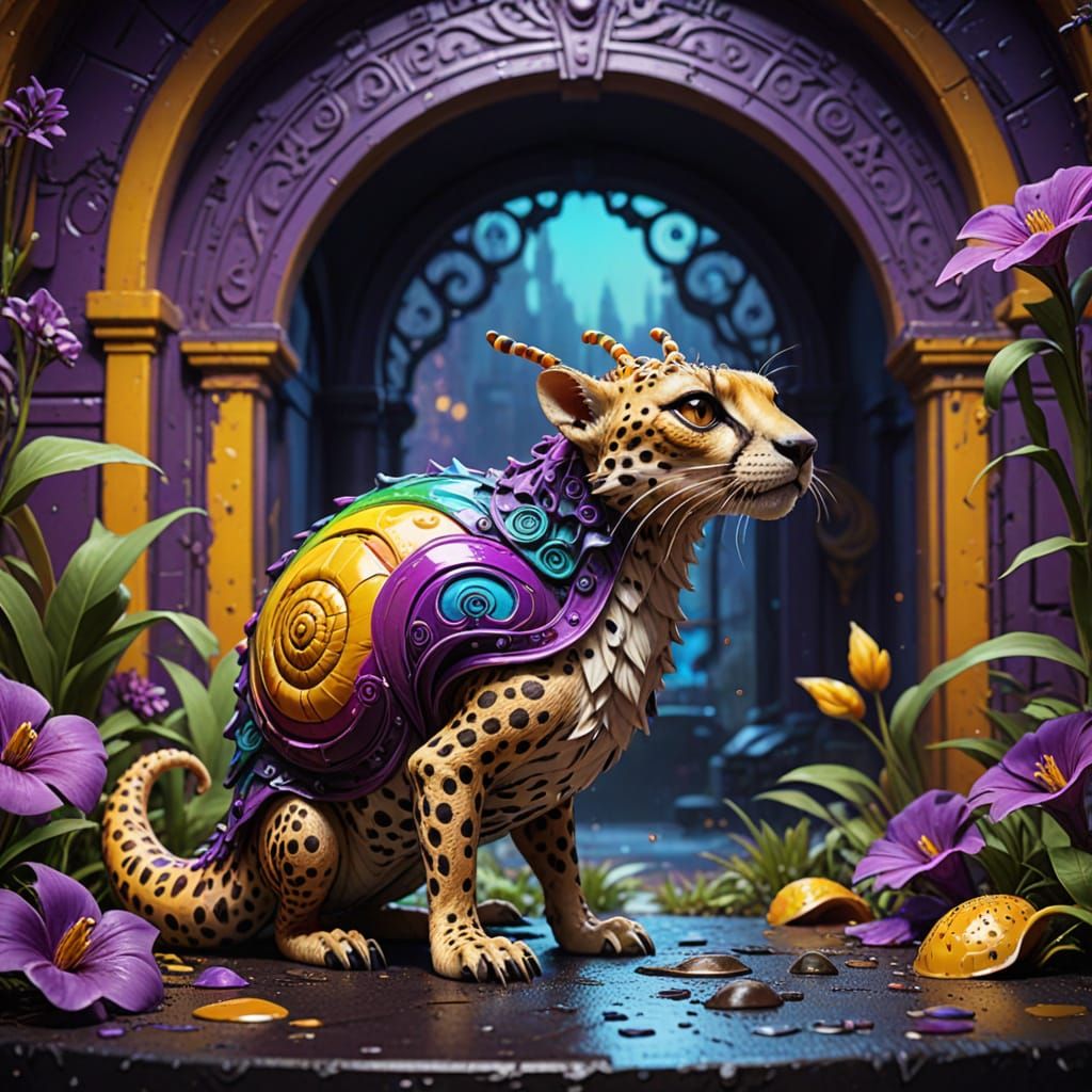 Ethereal Cheetah-Snail in Vibrant, Iridescent Hues