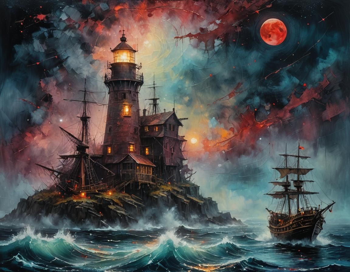 Lighthouse and Pirate Ship in Expressionist Impasto Style