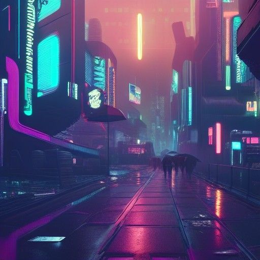 Neon Cityscape in Rainy Cyberpunk Style