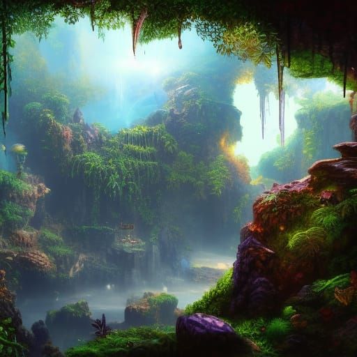 Lush Steampunk Jungle Cave with Sapphire Lagoon