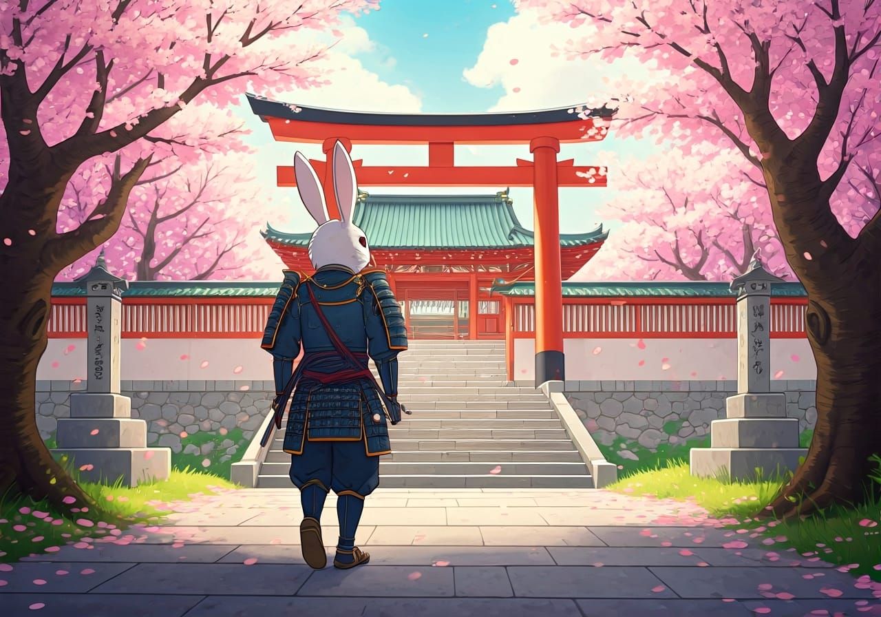 Samurai Rabbit at Shinto Shrine in Anime Style