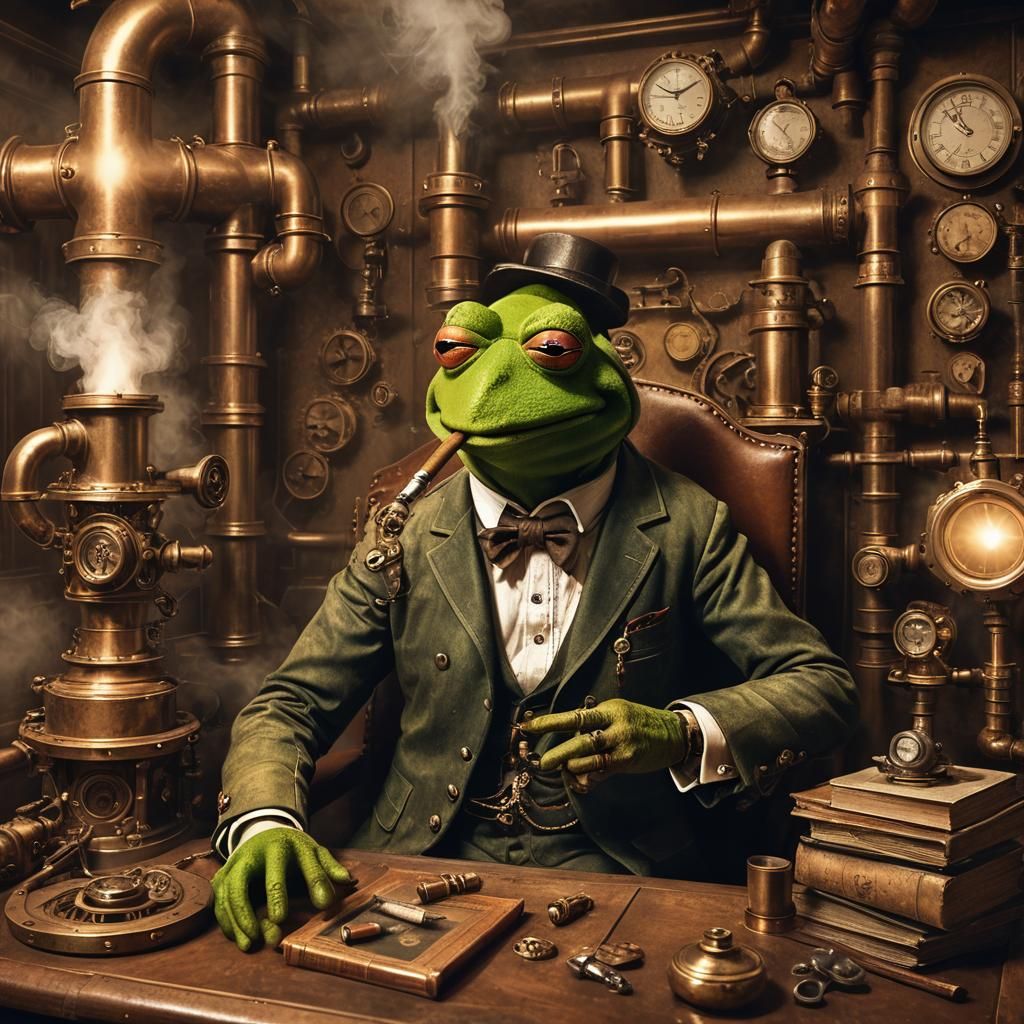 Kermit the Frog Smokes Cigar in Steampunk Chamber