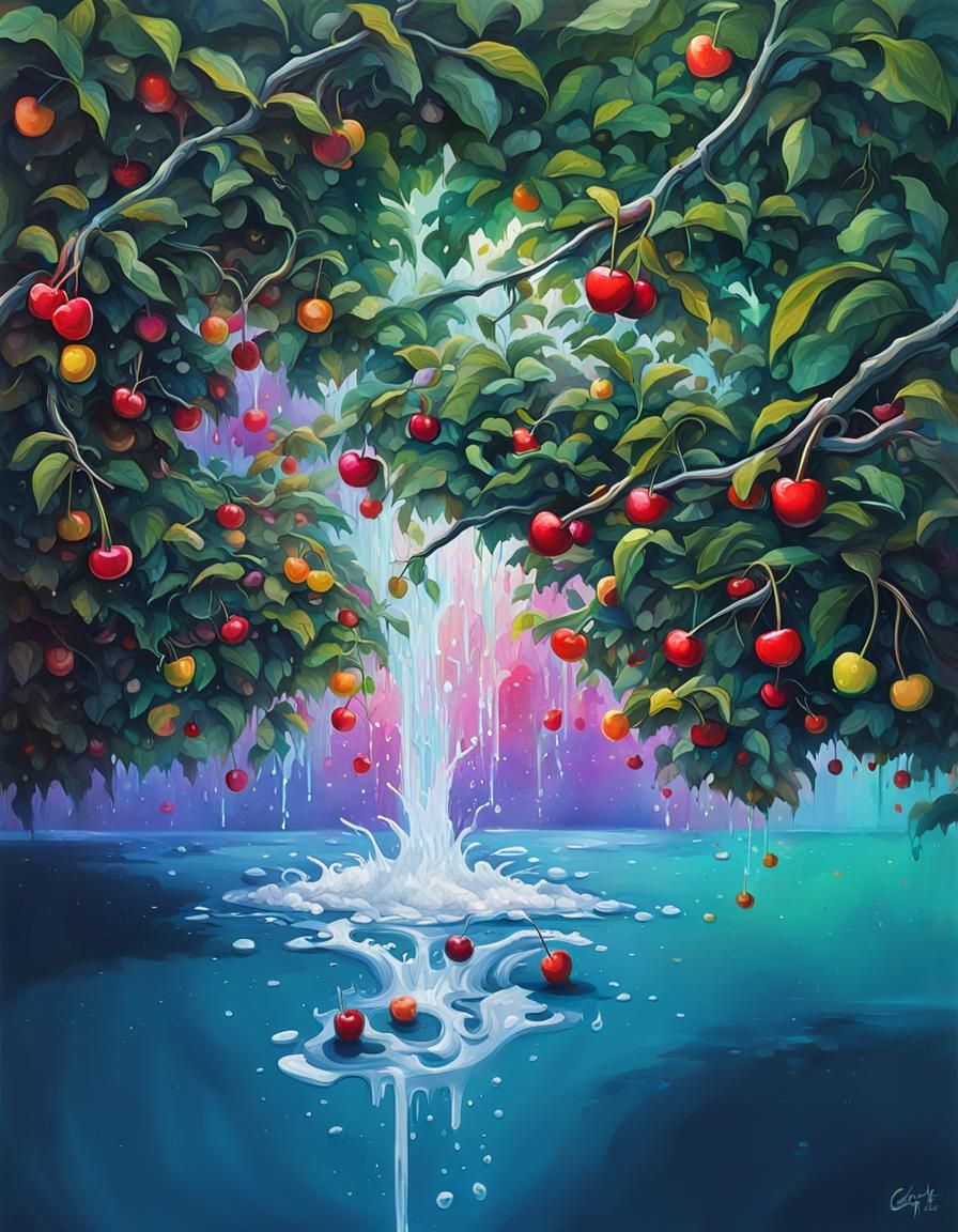 Cherry fruit fall down in river