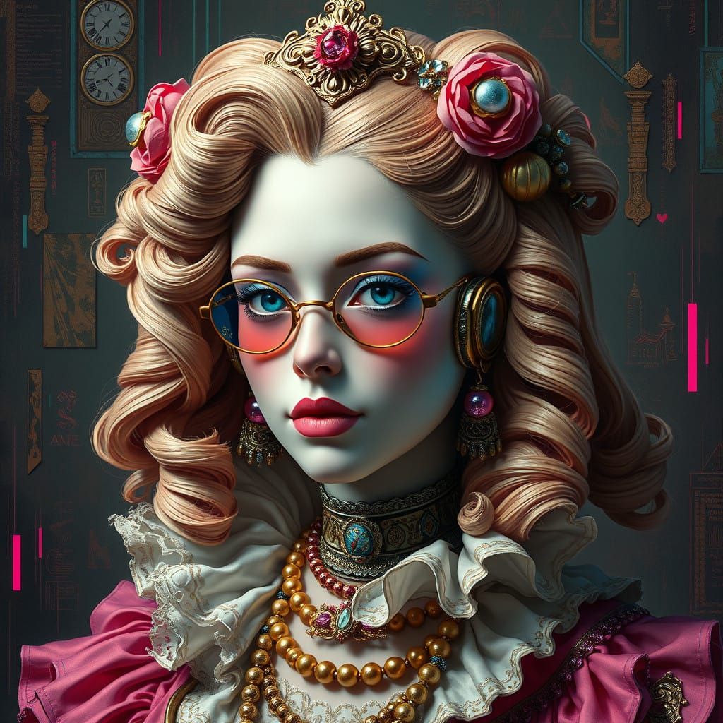 Glamorous Cyberpunk Lady in Opulent Baroque Attire