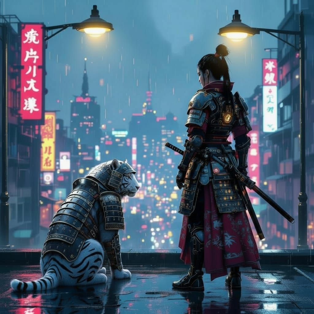 Cyberpunk Samurai Warrior with Tiger on Rooftop