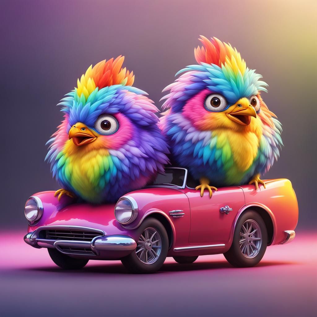 Rainbow Chickens in Sports Car: Anime Style