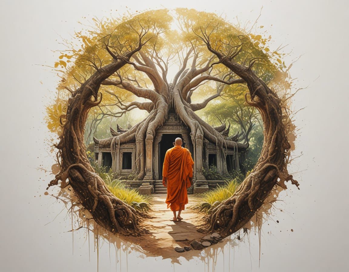 Monk in Cambodian Jungle Temple with Banyan Tree