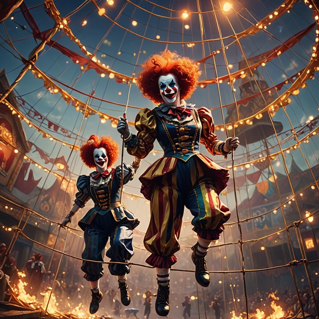 Redhead Clowns on High Wire in Vibrant Oil Painting