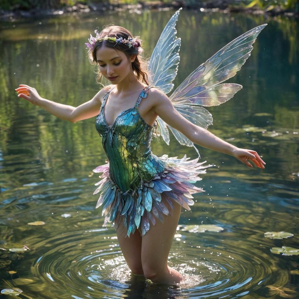 Ethereal Water Fairy Dances on Pond, Hyperrealistic Art