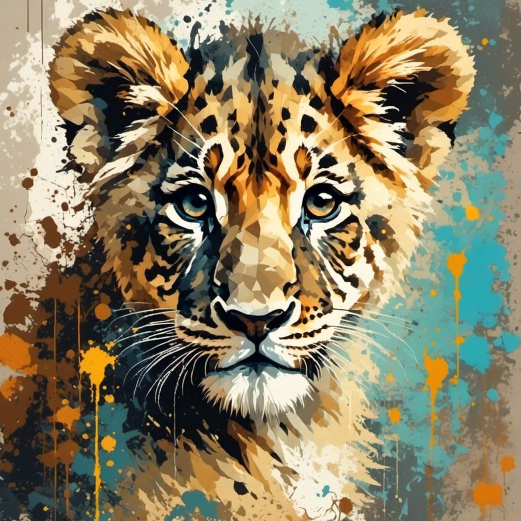 Adorable Lion Cub in Distressed Pixel Art