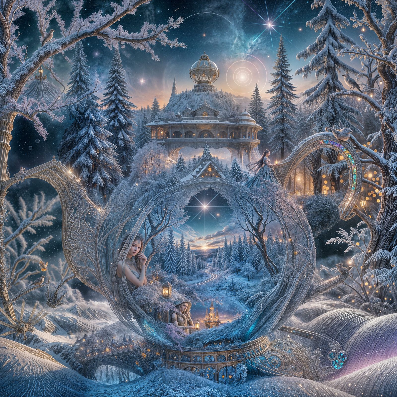 Starlit Winter Landscape Flowing from Crystal Teapot