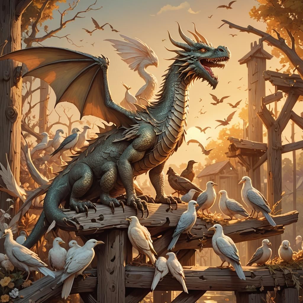 Dragon Lands Among Birds at Golden Hour