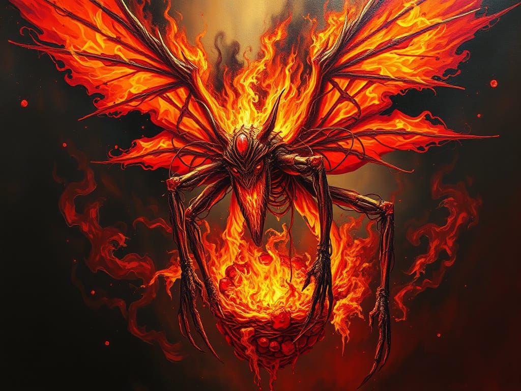 Fiery Creature Emerges in Surreal Oil Painting Style