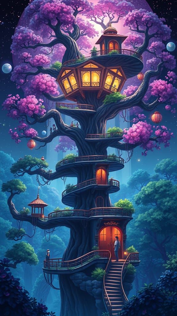 Ethereal Futuristic Treehouse Spiral Masterpiece