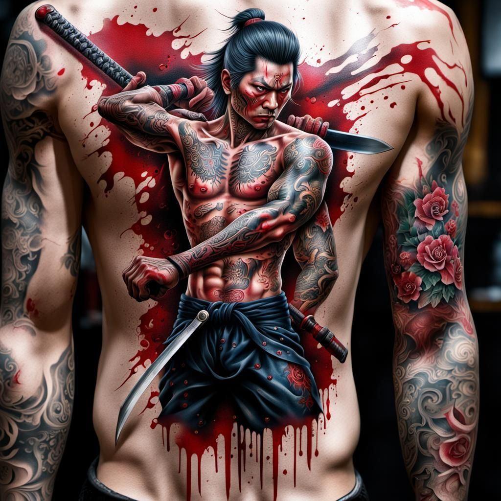 Hyperrealistic Yakuza Tattoo with Bloody Sword