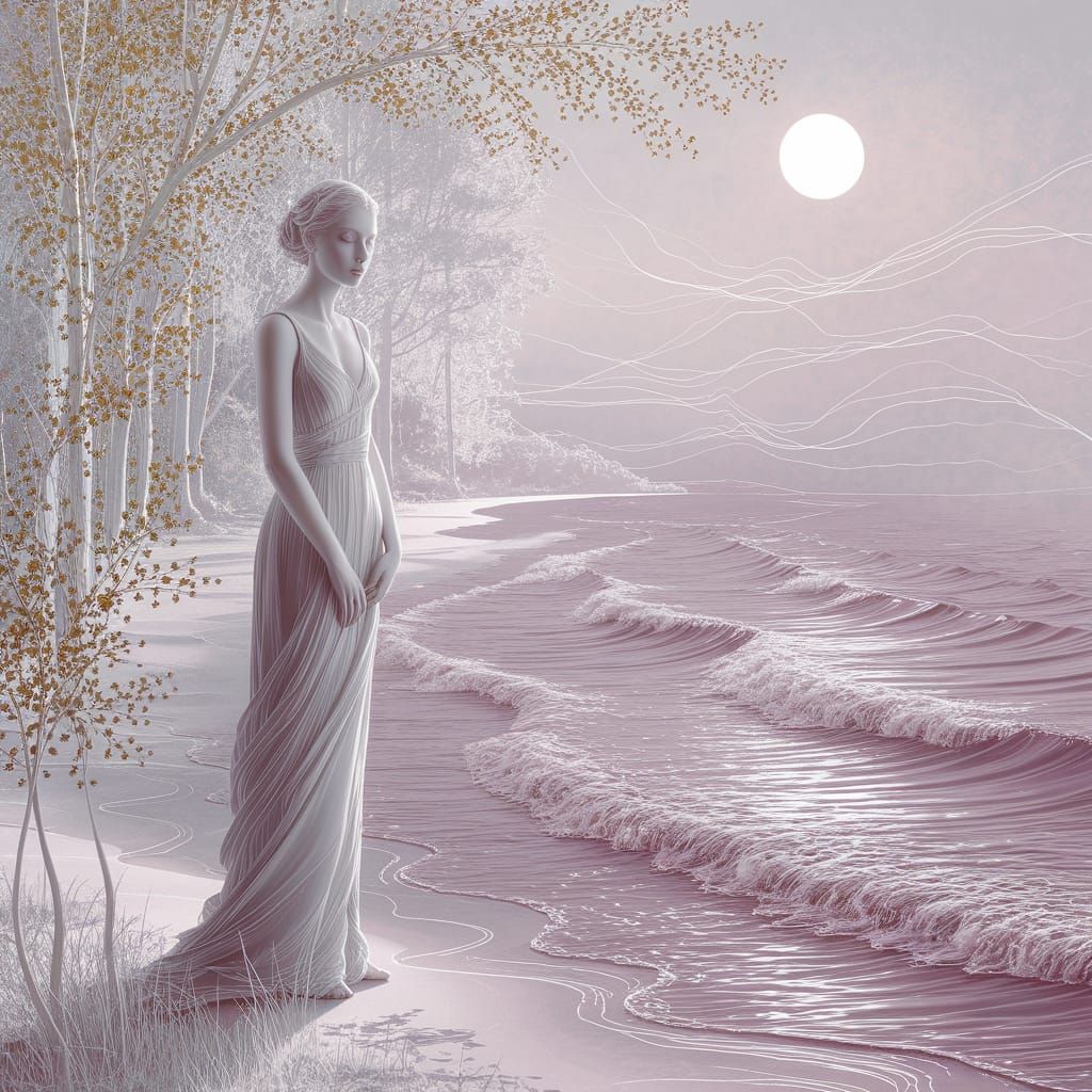 Surreal Woman Shoreline Scene with Gold Leaf Accents