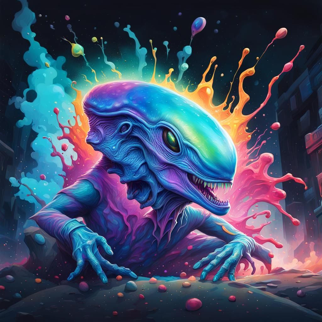 Hyperrealistic Alien Creature in Colorful Graffiti Style
