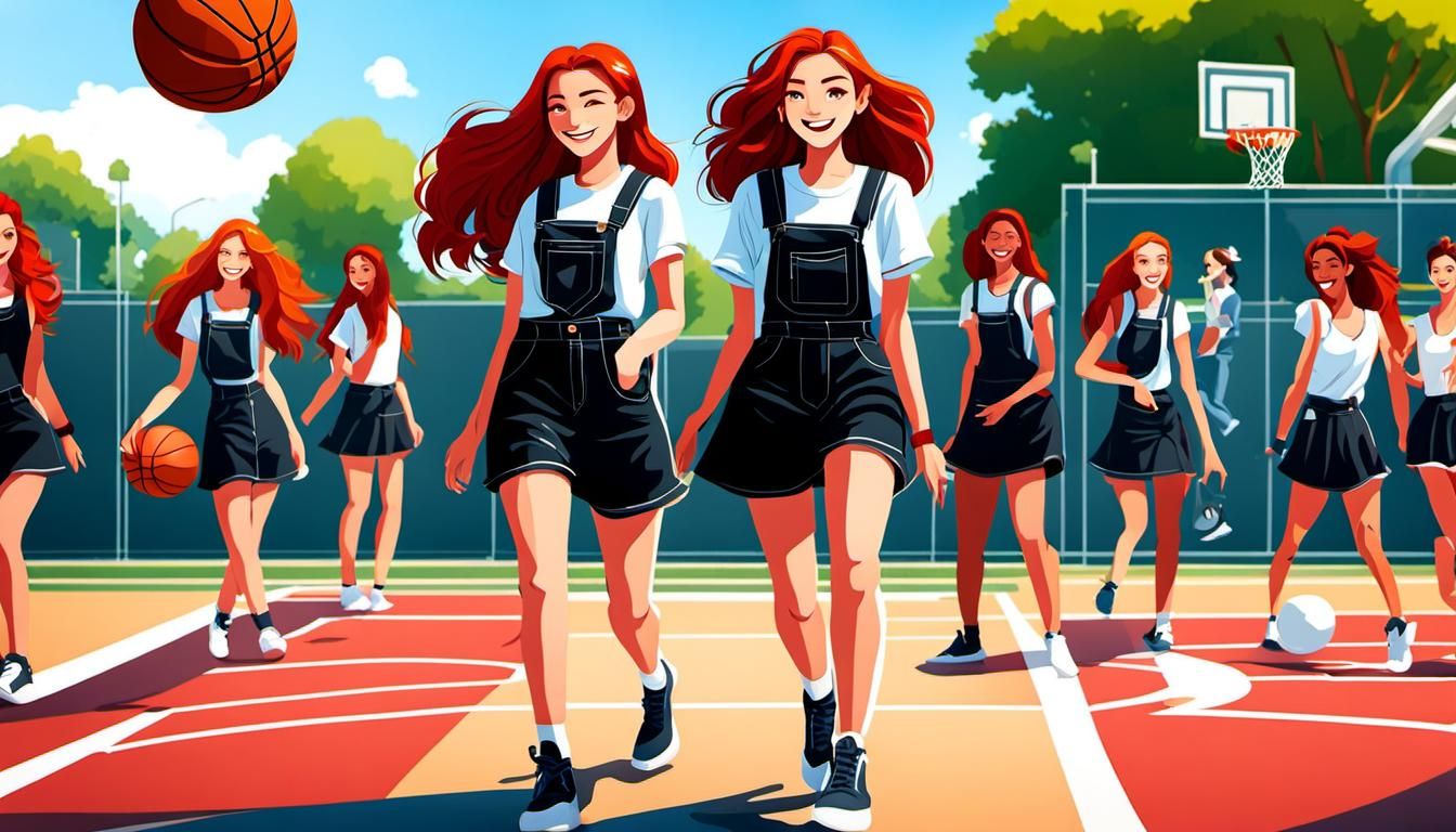 Girl in Overalls Plays Basketball on Campus