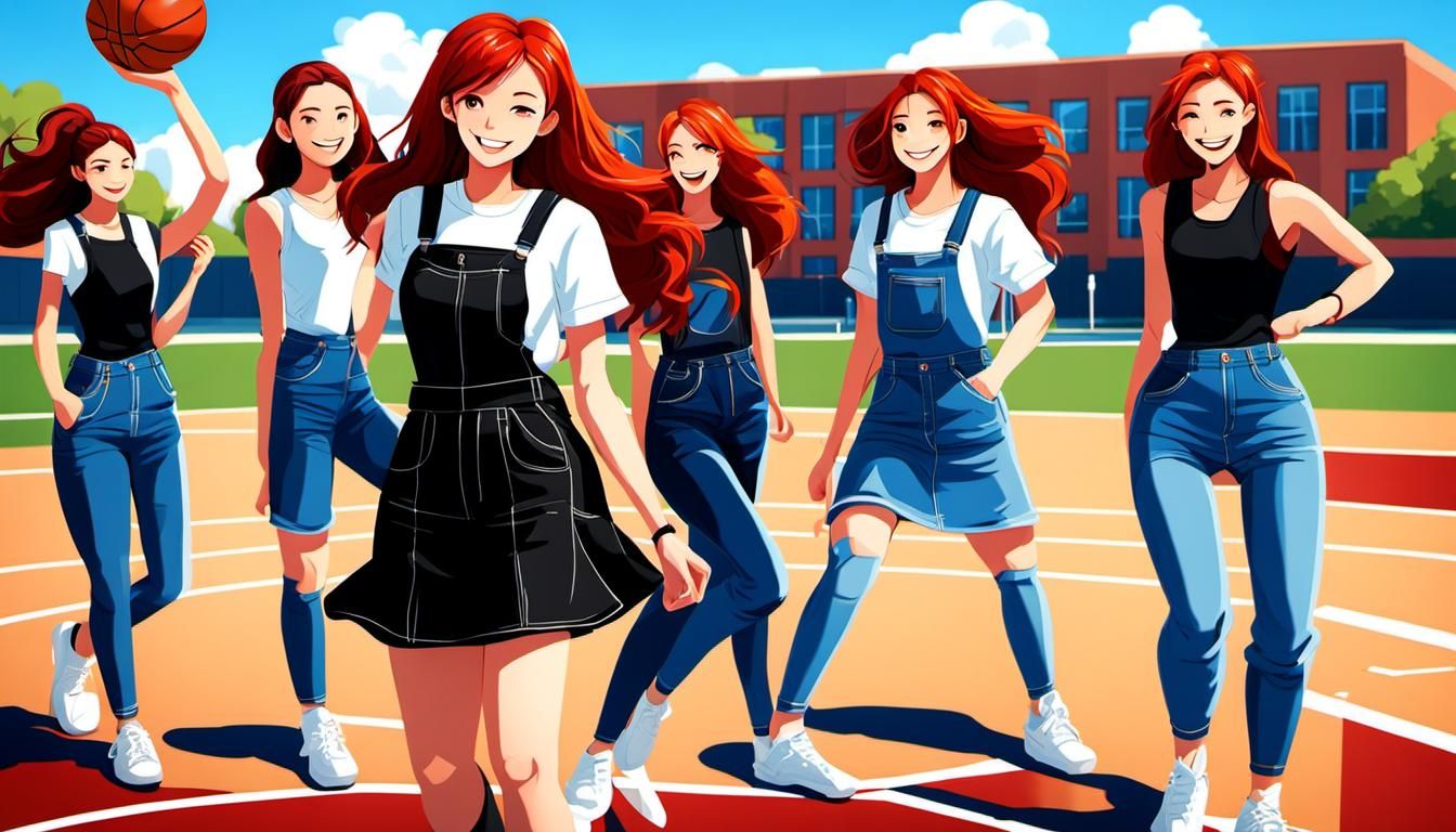 Girl Playing Basketball in Black Overalls, Digital Art