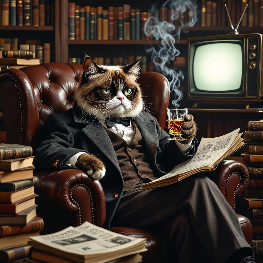 Grumpy Tabby Cat in Armchair as Hyperrealistic Painting