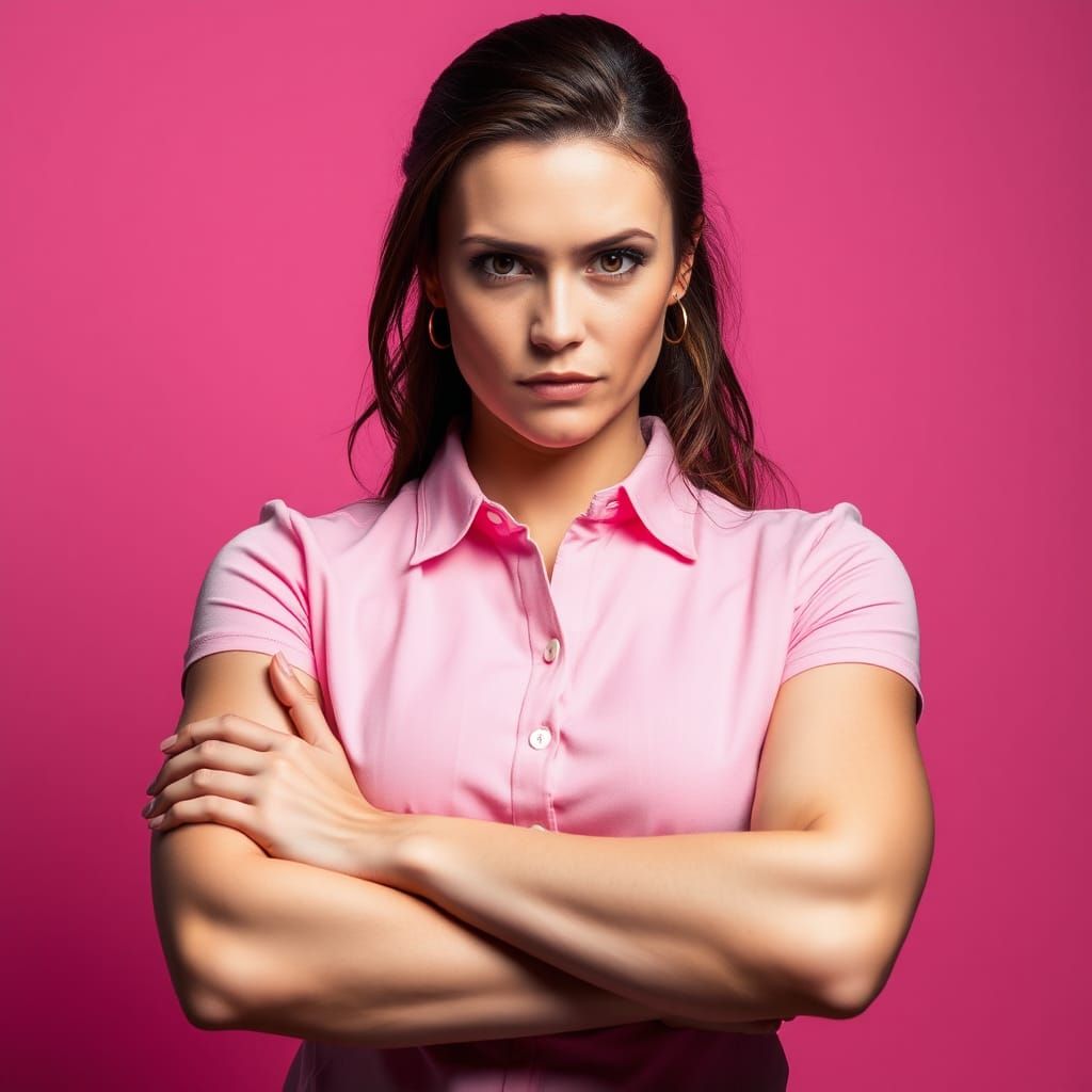 Focused Woman with Crossed Arms in Pink and White