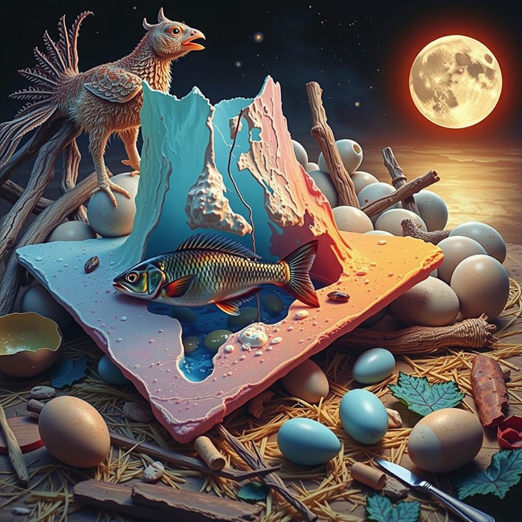 Egg with Blue Yolk and Bird Fish Poster