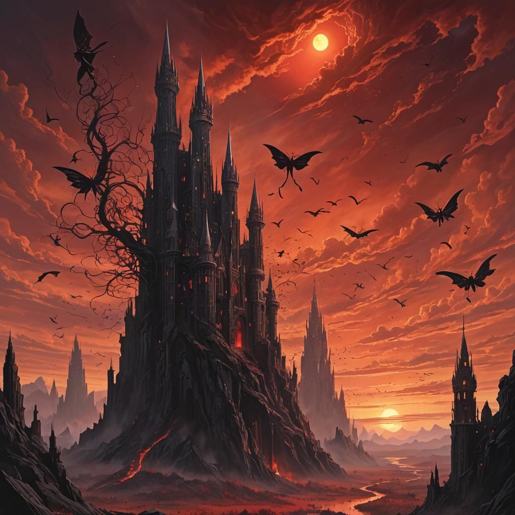 Magical Dark Tower at Sunset with Fairies