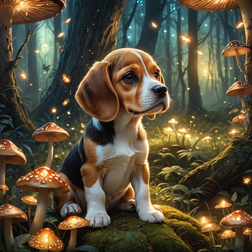 Beagle Puppy in Mystical Forest, Fantasy Art